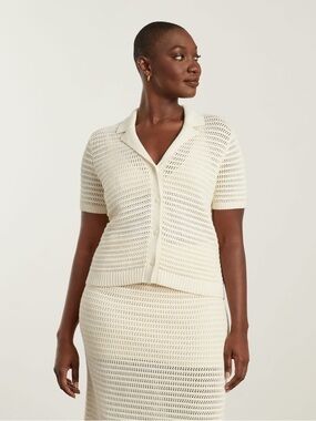 Everlane Cream Open-Weave Short Sleeve Cardigan